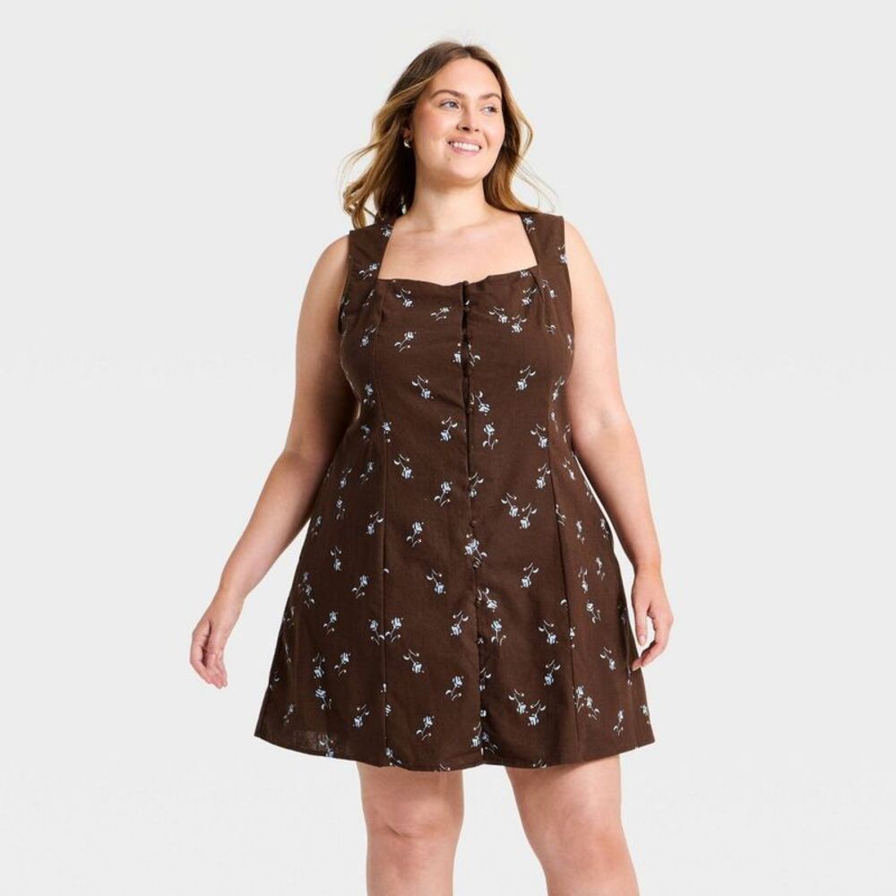 Women's Button-Up Mini Dress - A New Day Brown 1X